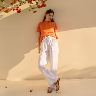 White linen wide leg pants for women