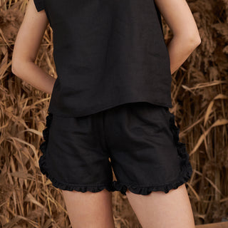 Linen  Black Women Shorts with Frill Details  'May'