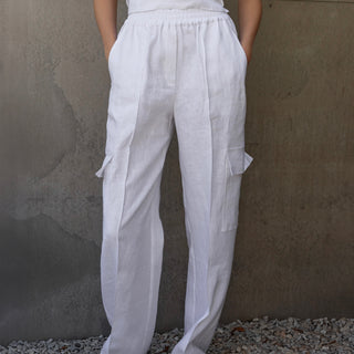 White linen cargo pants for women