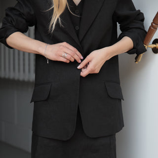 Button closure details black linen women jacket