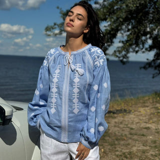 ‘Palermo’ Linen Embroidered Vyshyvanka Shirt in Light Blue