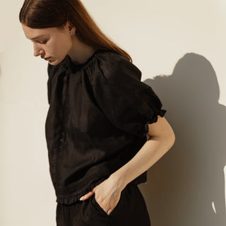 Black linen summer top with open back
