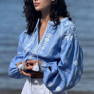 ‘Palermo’ Linen Embroidered Vyshyvanka Shirt in Light Blue