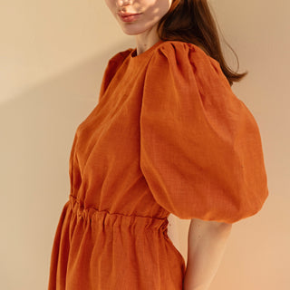 Puffed sleeves details orange linen dress