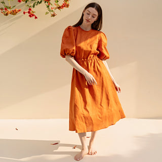 Linen summer dress with puffed sleeves and open back