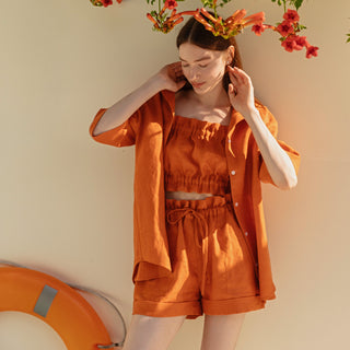 Orange linen women shorts with pockets
