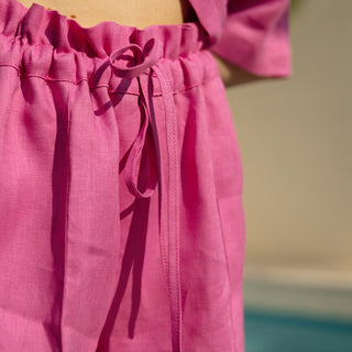 Drawstring details candy pink linen shorts