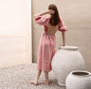 Open back details pink linen midi dress
