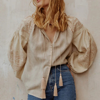 Boho chic linen embroidered blouse