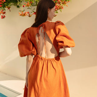 Open back details orange linen midi summer dress