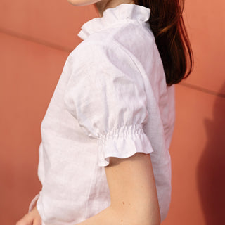 Puffed sleeves details white linen top