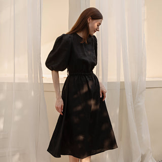 Black linen summer midi dress with open back
