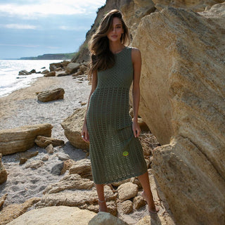 Olive cotton knitted beach dress, pool cover up