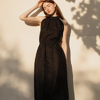 Black linen midi dress with halter neck