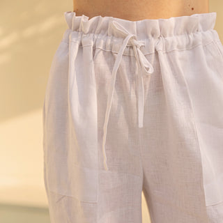 High waist with ruffle and drawstring details white linen pants for women