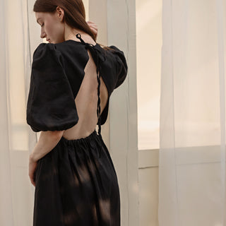 Open back details black linen midi dress