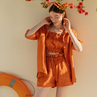 Summer linen oversized orange blouse with short sleeves
