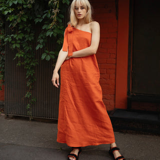 Orange linen one shoulder maxi dress