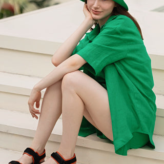 Green linen oversized shirt with short sleeves