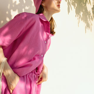 Summer linen candy pink short sleeve shirt