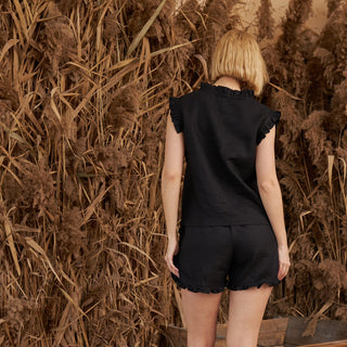 Linen  Black Women Shorts with Frill Details  'May'