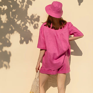 Back view candy pink oversized linen shirt