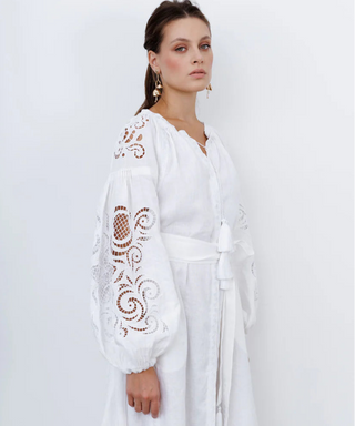‘Segovia’ Linen Embroidered Maxi Dress with Scalloped Hem in White