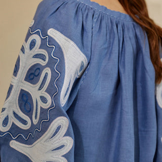 'Grace' Linen Embroidered Vyshyvanka Blouse in Blue