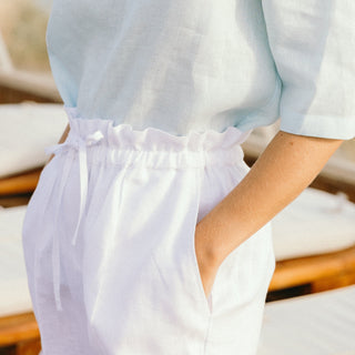 'September' Wide Leg Paper Bag Linen Pants in White