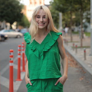 'Osaka' Linen Top with V-Neck Frill Details in Garden Green