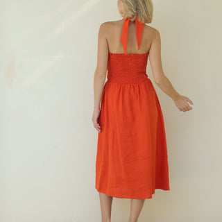 'Tulip' Linen Dress with Halter Neck Detail in Orange