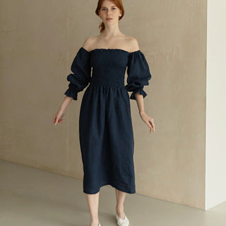 'Odessa' Linen Off The Shoulder Midi Dress in Dark Blue Denim