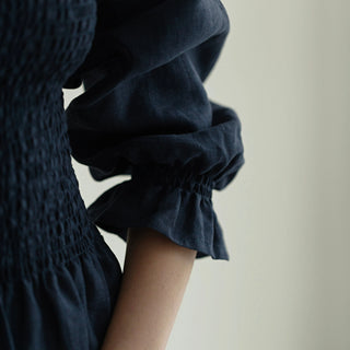 'Odessa' Linen Off The Shoulder Midi Dress in Dark Blue Denim