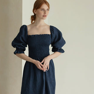 'Odessa' Linen Off The Shoulder Midi Dress in Dark Blue Denim