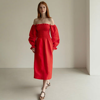 Red linen off the shoulder midi dress