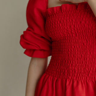 'Odesa' Linen Off The Shoulder Dress in Red