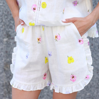 White Natural Linen Shorts with Floral Print, Frilled Details and Pockets 'May'