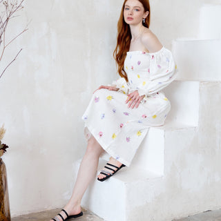 White linen off the shoulder midi dress with delicate floral print