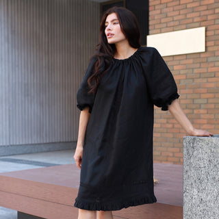 Black linen midi dress with open back
