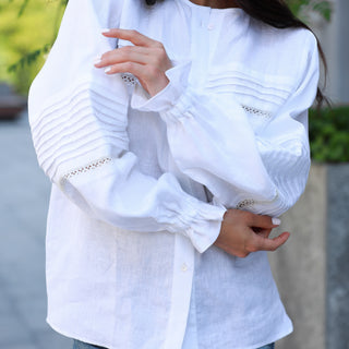 Sleeves details white linen shirt