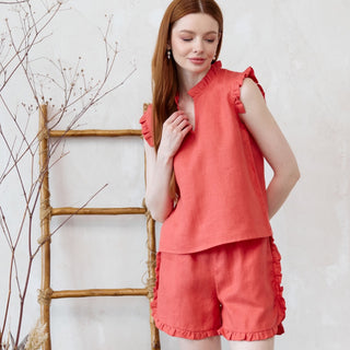 Coral pink linen shorts for women