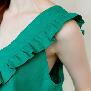 Green linen top frill details