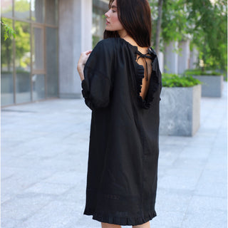 Black Linen Summer Midi Dress with Balloon Sleeves, Lace Details and Cut Out Back 'Zeffir'