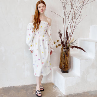 White linen off the shoulder midi dress with floral  print