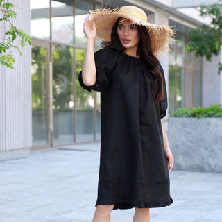 Black Linen Summer Midi Dress with Balloon Sleeves, Lace Details and Cut Out Back 'Zeffir'