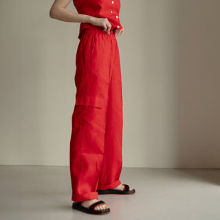 Linen Cargo Pants with Pockets in Red