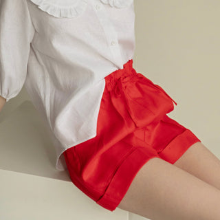 'September' Linen Paperbag Shorts with Pockets in Red