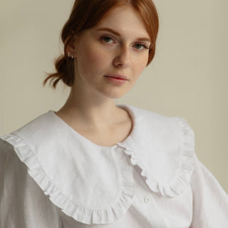 'March" Linen Shirt with Round Oversized Collar in White