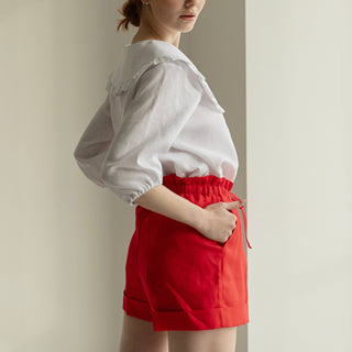 'September' Linen Paperbag Shorts with Pockets in Red