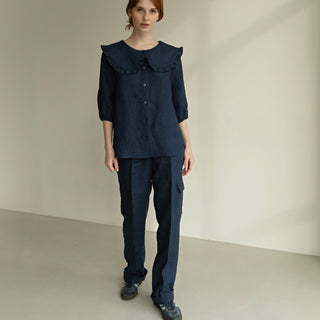 Linen Cargo Pants with Pockets and Elastic Waist in Denim Blue